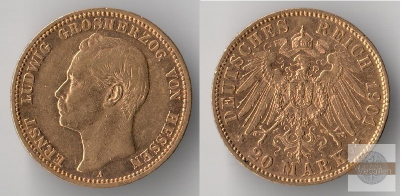 Hessen, Kaiserreich  20 Mark  1901 A MM-Frankfurt Feingold: 7,17g Grosherzog Ernst Ludwig 1892-1918  