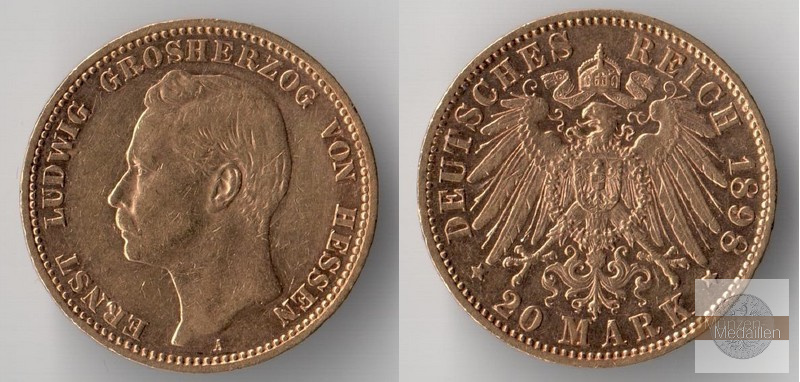 Hessen, Kaiserreich  20 Mark  1898 A MM-Frankfurt Feingold: 7,17g Grosherzog Ernst Ludwig 1892-1918  