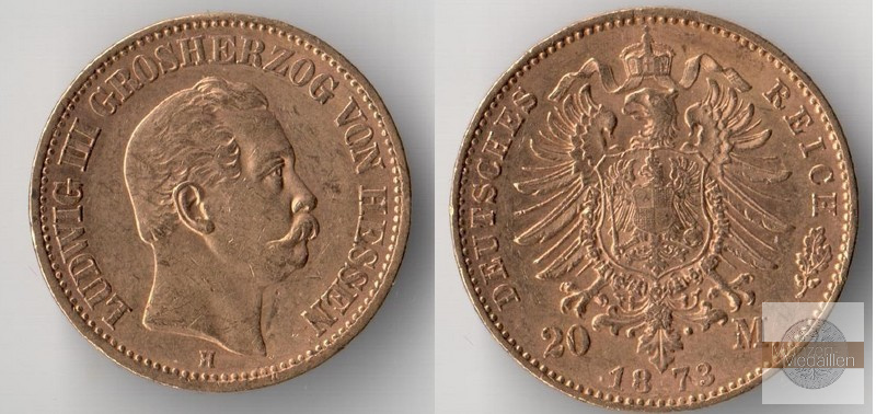 Hessen, Kaiserreich  20 Mark  1873 H MM-Frankfurt Feingold: 7,17g Ludwig III. 1848-1877  