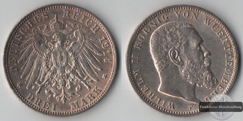  Württemberg, Kaiserreich  3 Mark  1914 F   Wilhelm II. 1891-1918   FM-Frankfurt  Feinsilber: 15g   