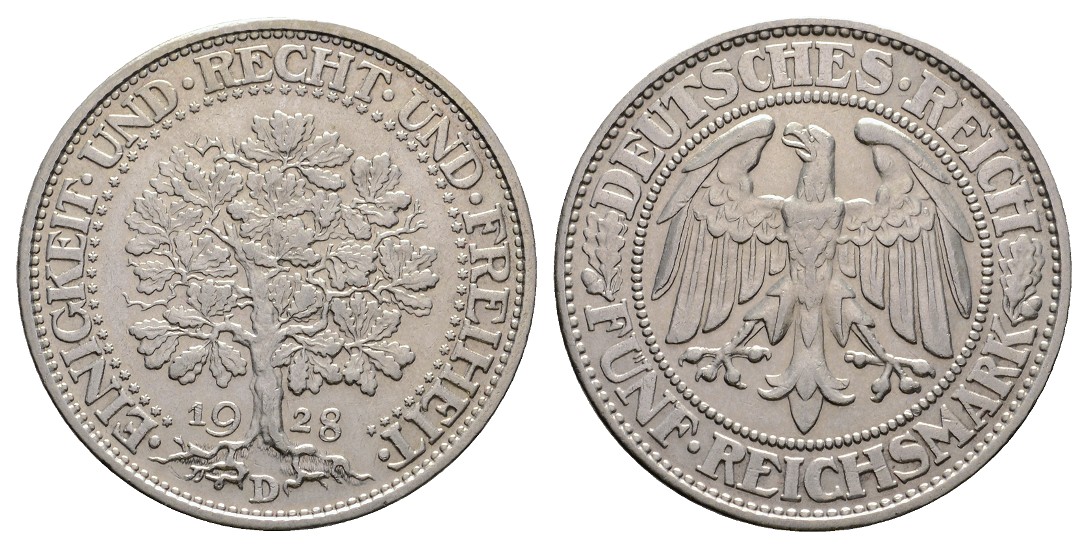  Linnartz Weimarer Republik 5 Mark 1928 D Eichbaum vz +   