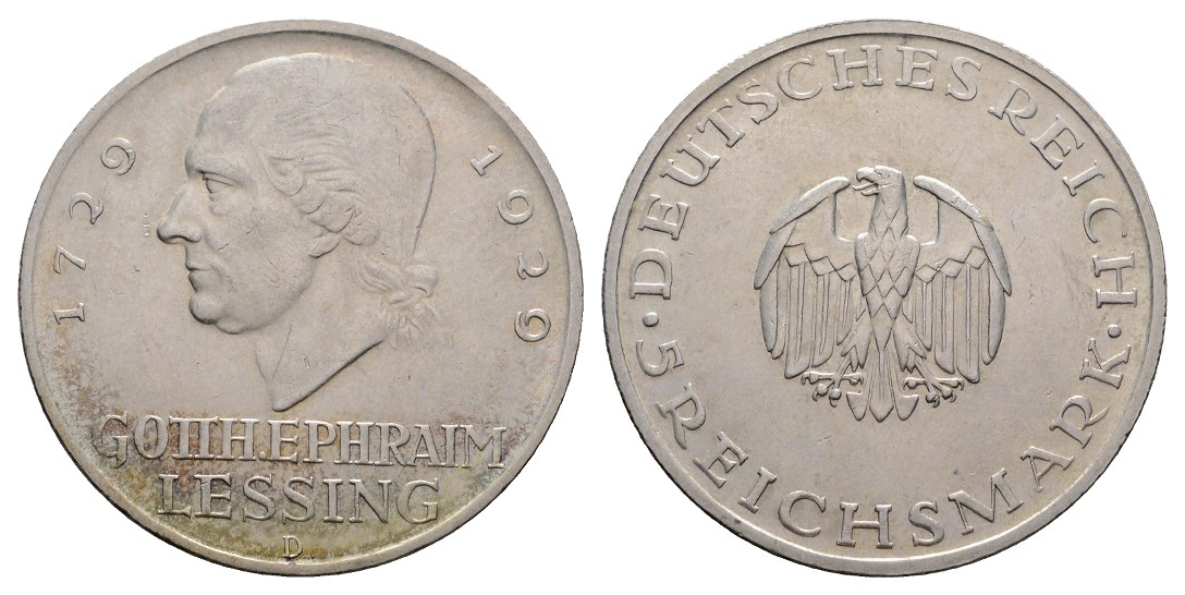  Linnartz Weimarer Republik 5 Mark 1929 D, Lessing, vz +   