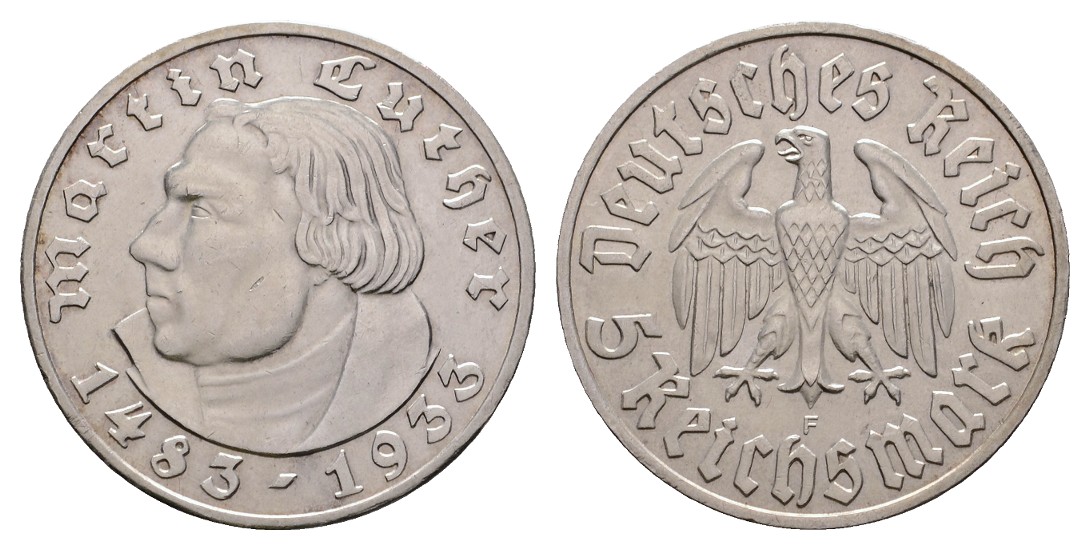  III. Reich 5 Reichsmark 1933 F, LUTHER vz-st   