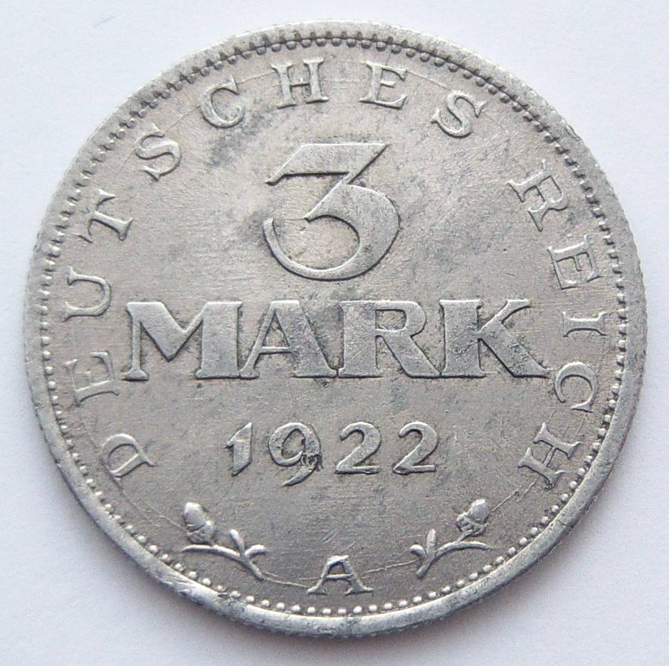  Deutsches Reich 3 Mark 1922 A Alu   