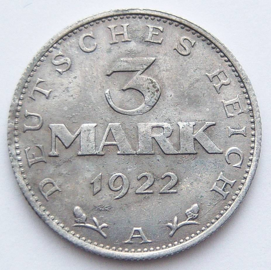  Deutsches Reich 3 Mark 1922 A Alu   