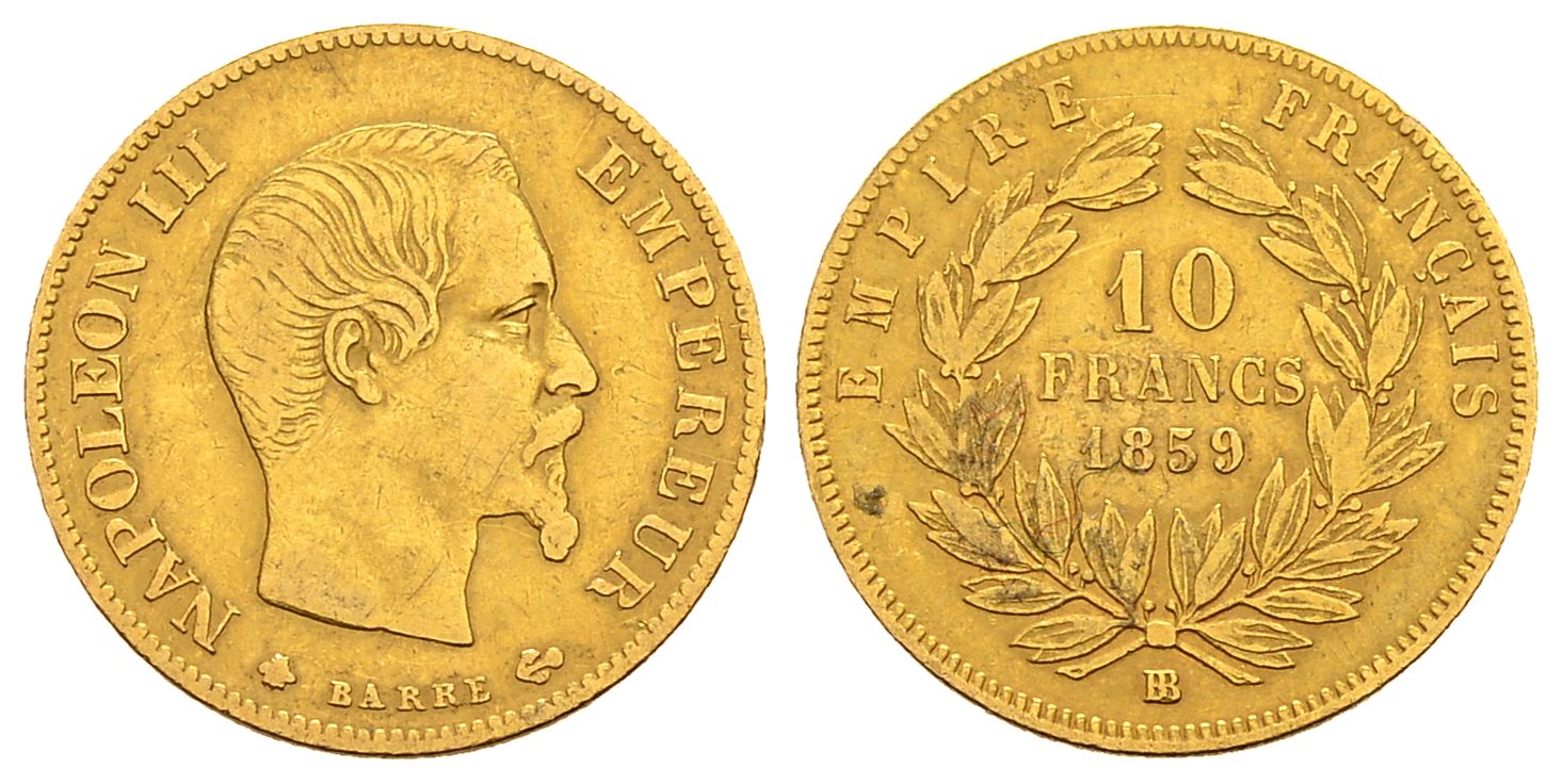 PEUS 2974 Frankreich 2,90 g Feingold. Napoleon III. (1852-1870) 10 Francs GOLD 1859 BB Straßbur Sehr schön