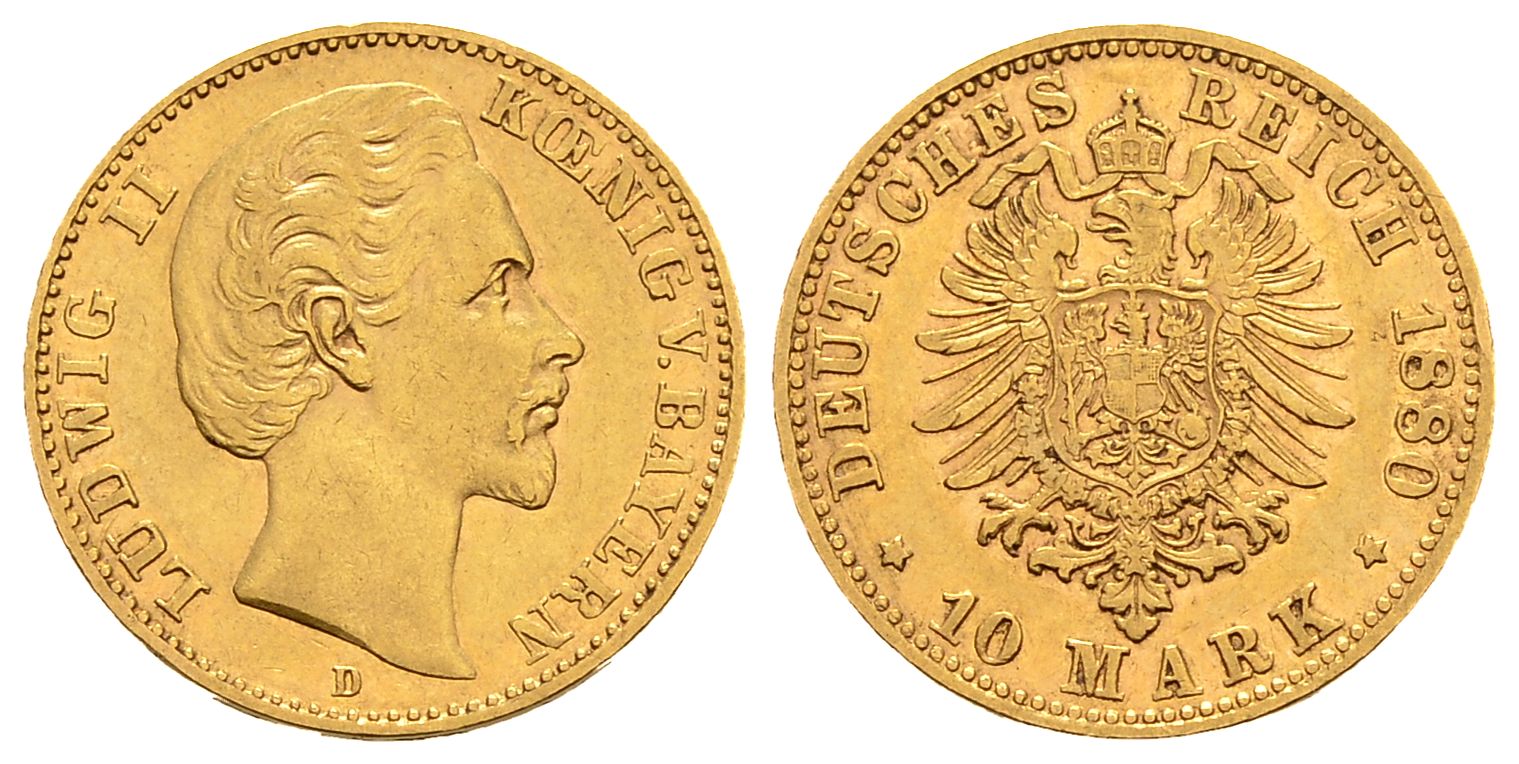 PEUS 2975 Bayern 3,58 g Feingold. Ludwig II. (1864 -1886) 10 Mark GOLD 1880 D München Sehr schön