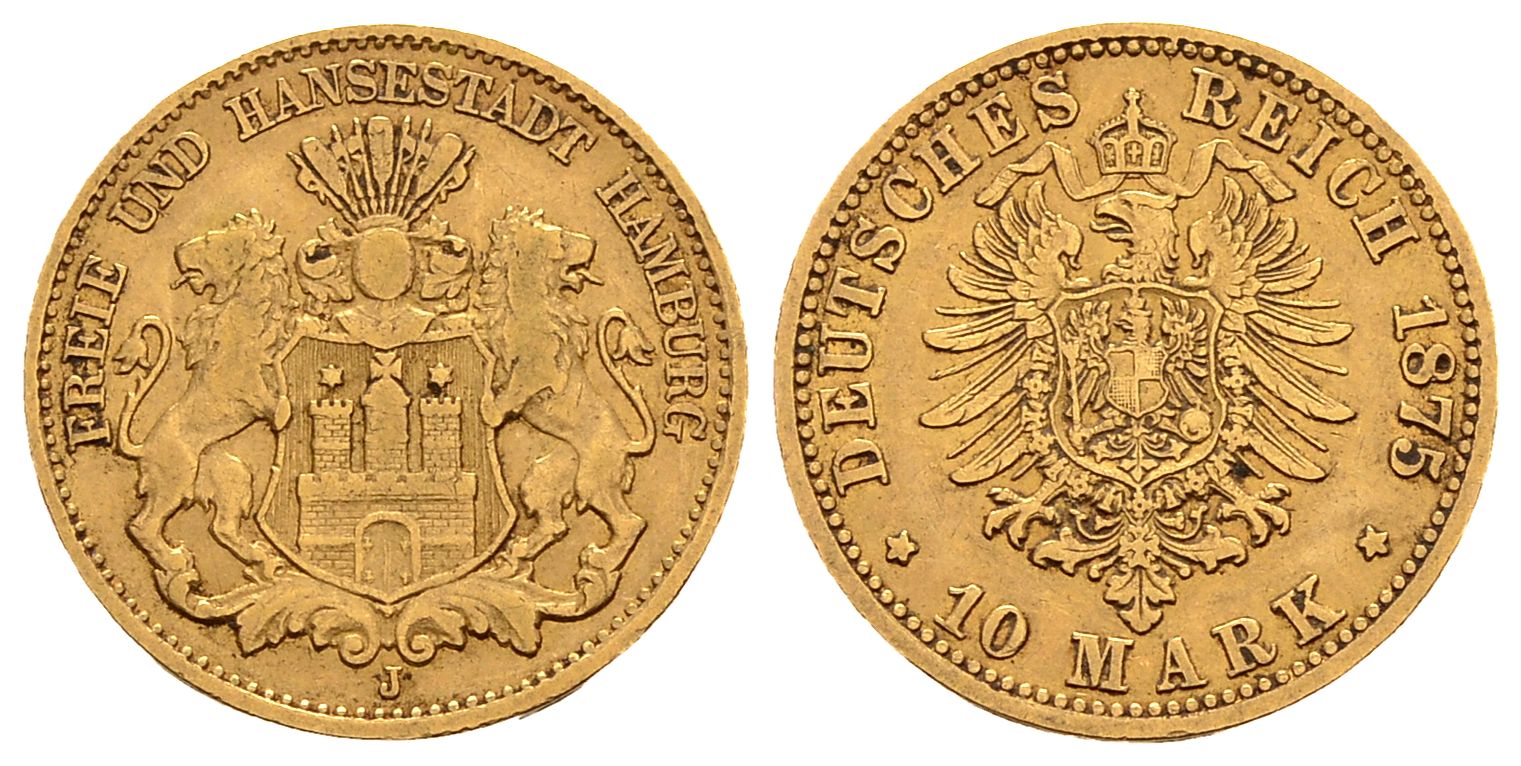 PEUS 2977 Kaiserreich-Hamburg 3,58 g Feingold. Stadtwappen - Kleiner Adler 10 Mark GOLD 1875 J Sehr schön