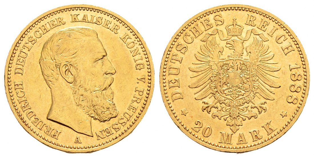 PEUS 2979 Kaiserreich - Preußen 7,16 g Feingold. Friedrich III.(09.03. - 15.06.1888) 20 Mark GOLD 1888 A Kl. Kratzer, Sehr schön +