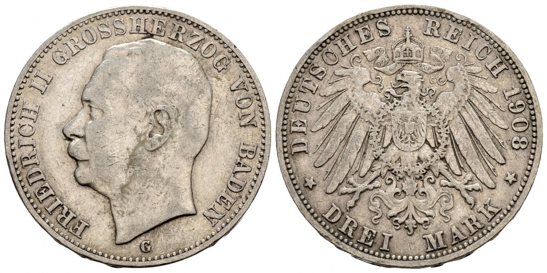 PEUS 2981 Kaiserreich - Baden Friedrich II. (1907 - 1918) 3 Mark 1908 G Sehr schön