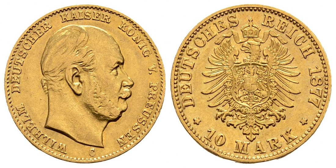 PEUS 2937 Kaiserreich - Preußen 3,58 g Feingold. Wilhelm I. (1861 - 1888) 10 Mark GOLD 1877 C Frankfurt Fast Vorzüglich