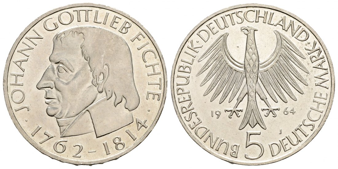 PEUS 2982 BRD Johann Gottlieb Fichte (1762 - 1814) 5 Mark 1964 J Kl. Kratzer, Vorzüglich