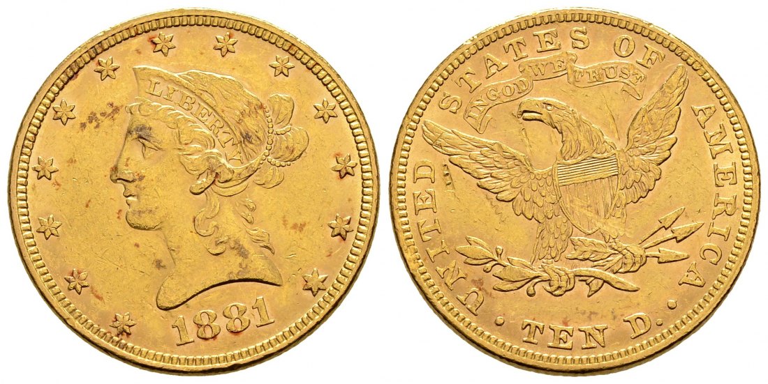 PEUS 2987 USA 15,05 g Feingold. Coronet Head 10 Dollars GOLD 1881 Leicht fleckig, sehr schön