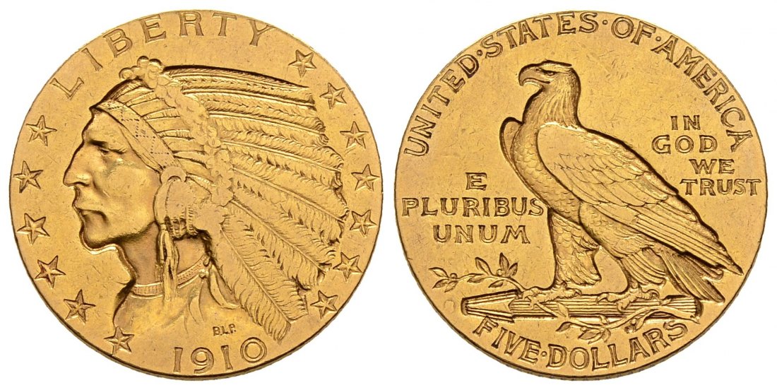 PEUS 2989 USA 7,52 g Feingold. Indian Head 5 Dollars GOLD 1910 Sehr schön