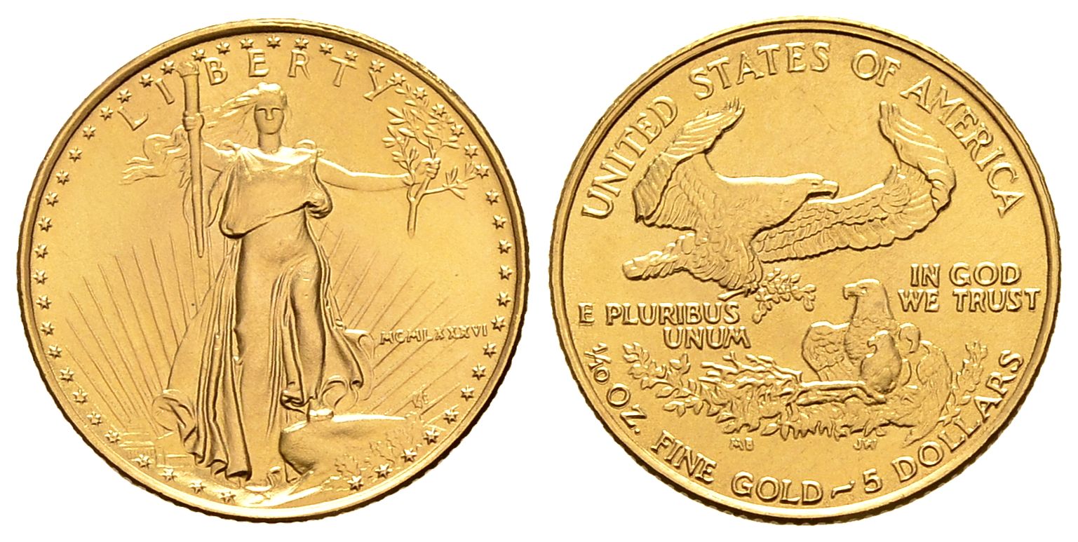 PEUS 2990 USA 3,11 g Feingold 5 Dollars GOLD 1/10 Unze 1986 Stempelglanz