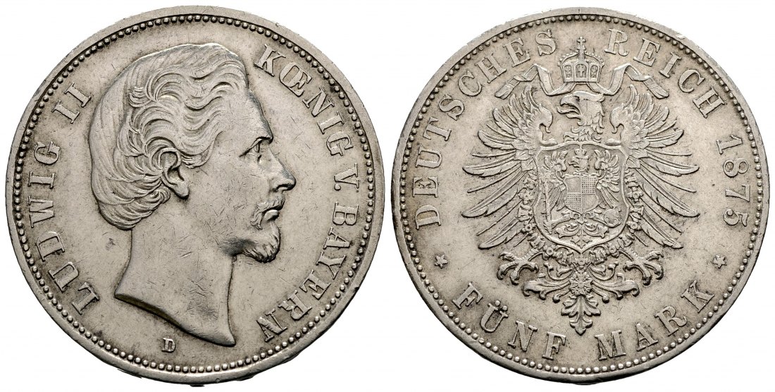 PEUS 2993 Kaiserreich - Bayern Ludwig II. (1864-1886) 5 Mark 1875 D München Sehr schön