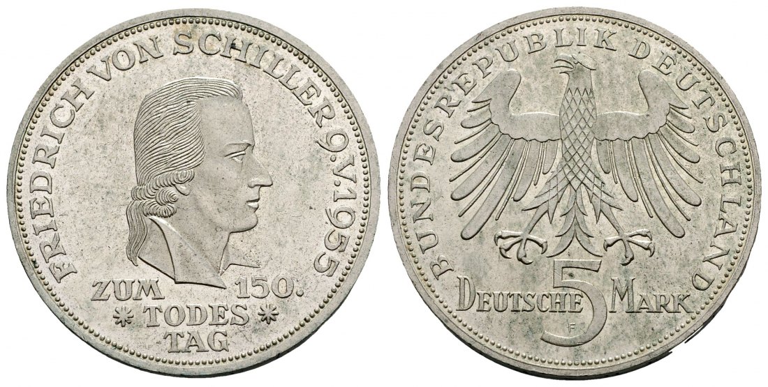 PEUS 2997 BRD Schiller 150. Todestag 5 Mark 1955 F Fast Vorzüglich