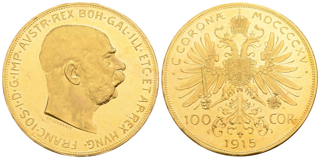 PEUS 3002 Österreich 30,49 g Feingold. Franz Joseph (1848-1916) 100 Kronen (off.NP) GOLD 1915 Winzige Kratzer, fast Stempelglanz