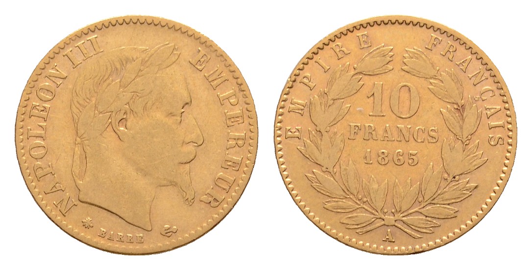  Linnartz Frankreich Napoleon III., 10 Francs 1865 A-Paris,Gewicht: 3,20g/900, ss+   