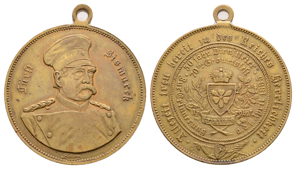  Linnartz Bismarck, Tragbare Bronzemedaille 1885, (v. Lauer) Bennert 28, 40 mm, 28,3 Gr. vz   