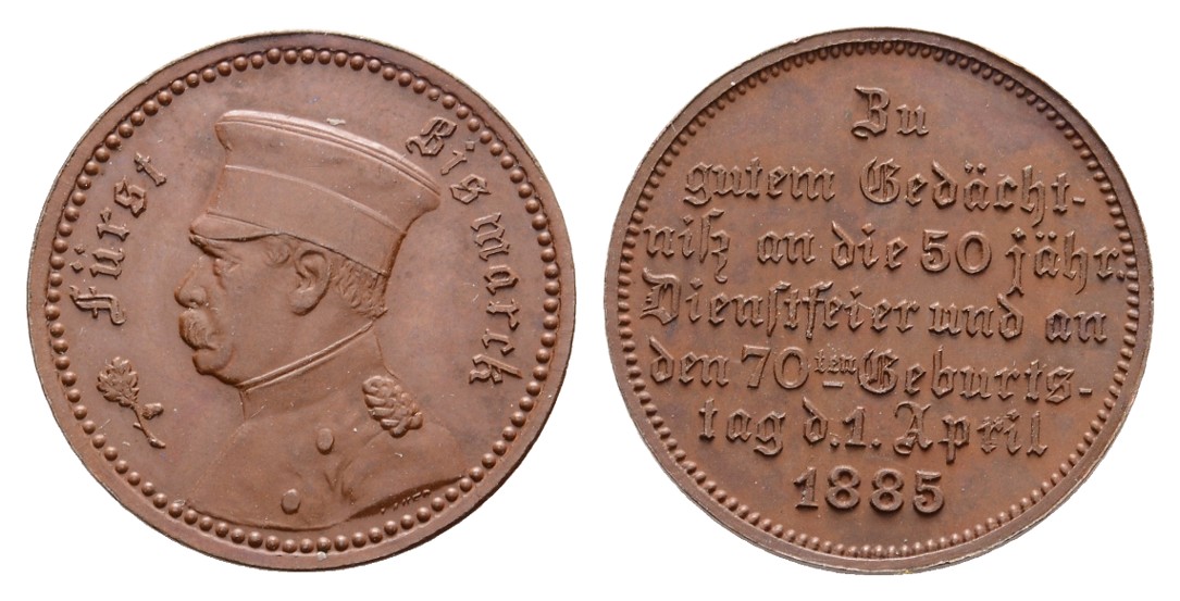  Linnartz Bismarck, Kupfermemedaille 1885 (v. LAUER), 70. Geburtstag, Bennert 30 mm, vz-st   