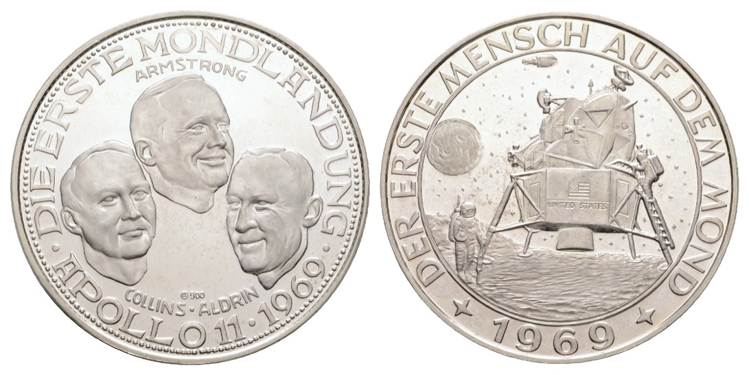  Linnartz RAUMFAHRT - Silbermedaille 1969, Erste Mensch auf dem Mond, 25,16/900, PP   