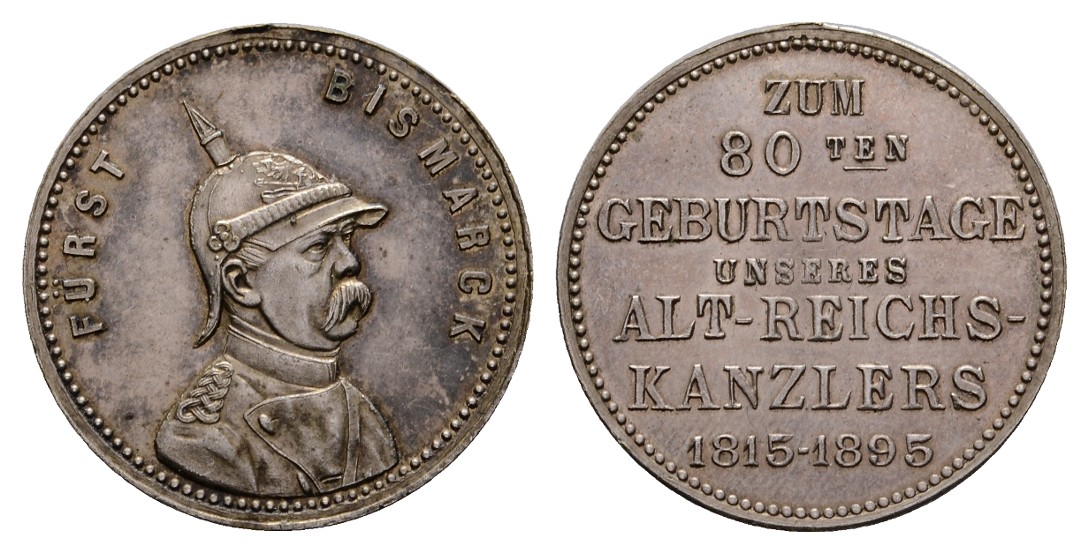  Linnartz Bismarck, Silbermedaille 1895 (v. M&W), 80. Geburtstag, Bennert 160N, 26 mm, Fast stgl   