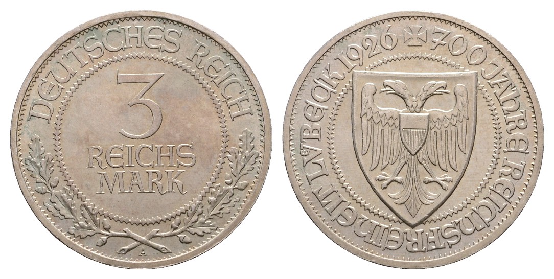  Linnartz Weimarer Republik Lübeck 3 Mark 1926, stgl   