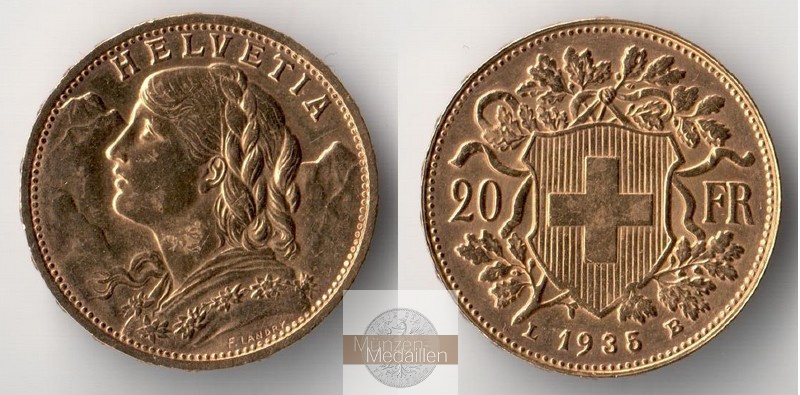 Schweiz  20sFR  1935 L B MM-Frankfurt Feingold: 5,81g Vreneli  