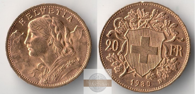 Schweiz  20sFR  1930 B MM-Frankfurt Feingold: 5,81g Vreneli  