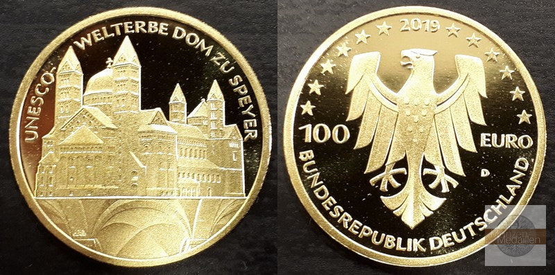 BRD  100 Euro  2019 D  UNESCO Welterbe MM-Frankfurt  Feingold: 15,55g Dom zu Speyer  