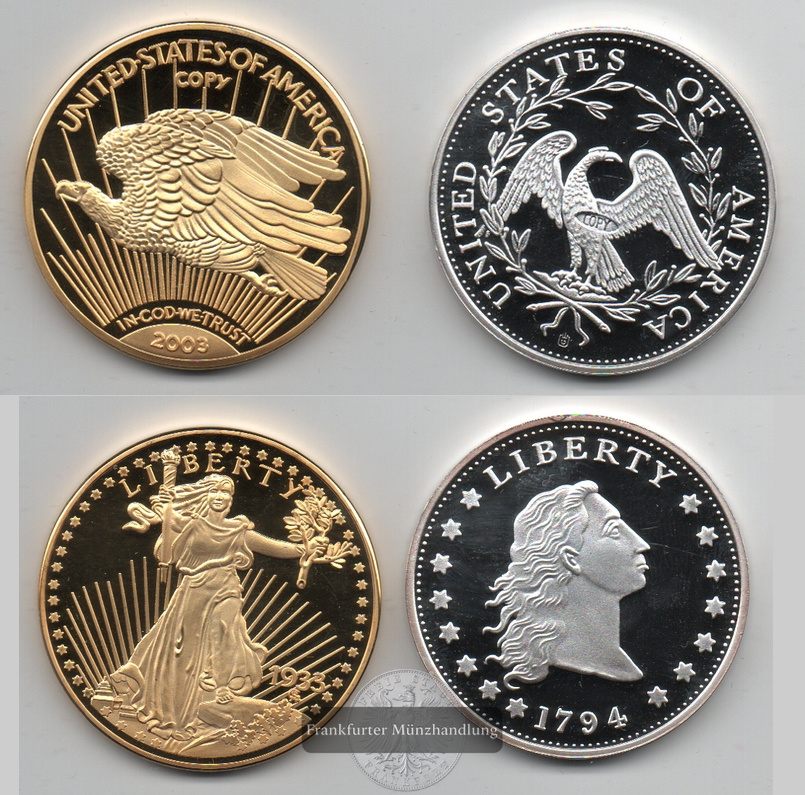  USA, Medaille Replika Lot Gold Eagle 1933, Silver Flowing 1794 FM- Frankfurt  Gewicht: 64g   