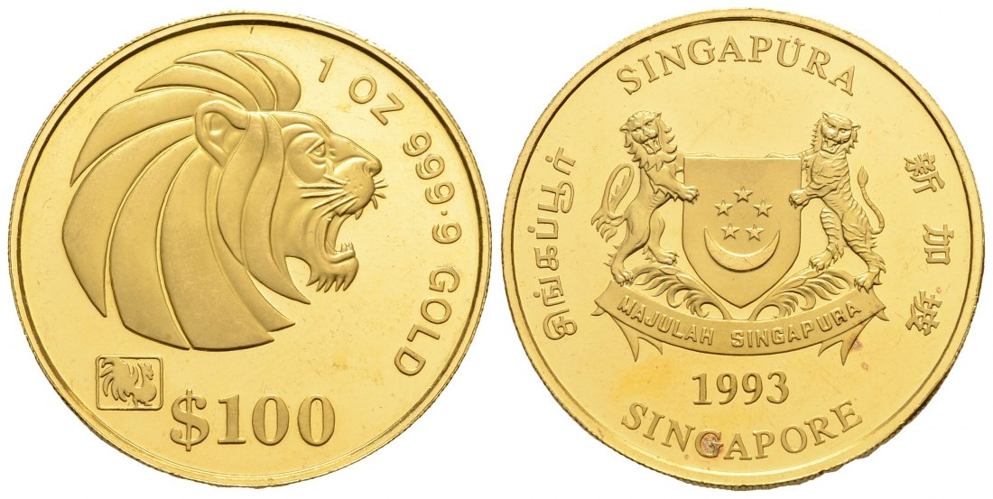 PEUS 3008 Singapur 31,1 g Feingold. Jahr des Hahns Marke Nur 1.500 Exemplare! 100 Dollars Unze GOLD 1993 Rote FleckenImpaired Proof / Vz + aus PP