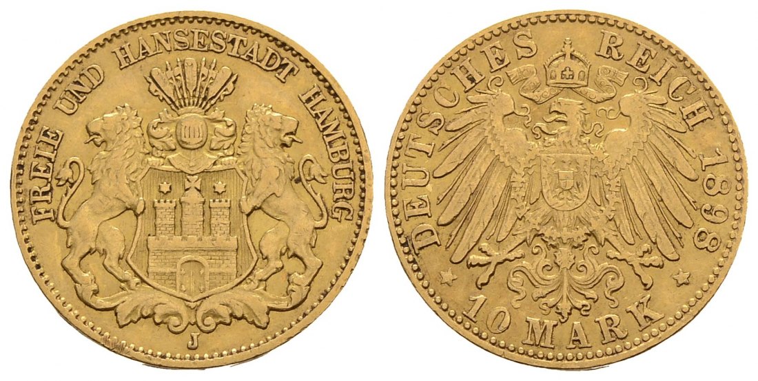 PEUS 3010 Kaiserreich - Hamburg 3,58 g Feingold. Stadtwappen 10 Mark GOLD 1898 J Randfehler, sehr schön