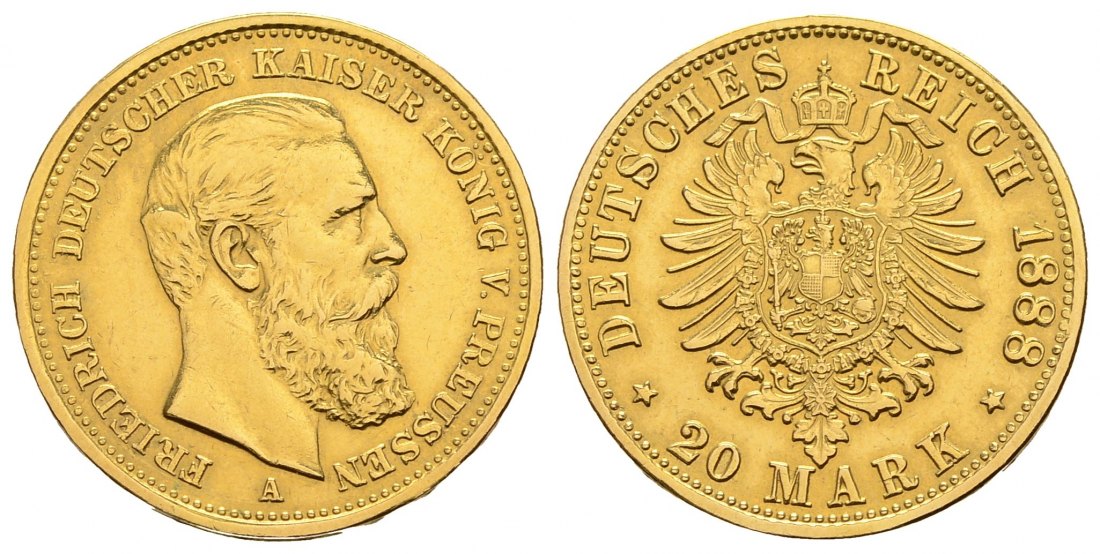 PEUS 3014 Kaiserreich - Preußen 7,16 g Feingold. Friedrich III.(09.03. - 15.06.1888) 20 Mark GOLD 1888 A Gereinigt, Sehr schön