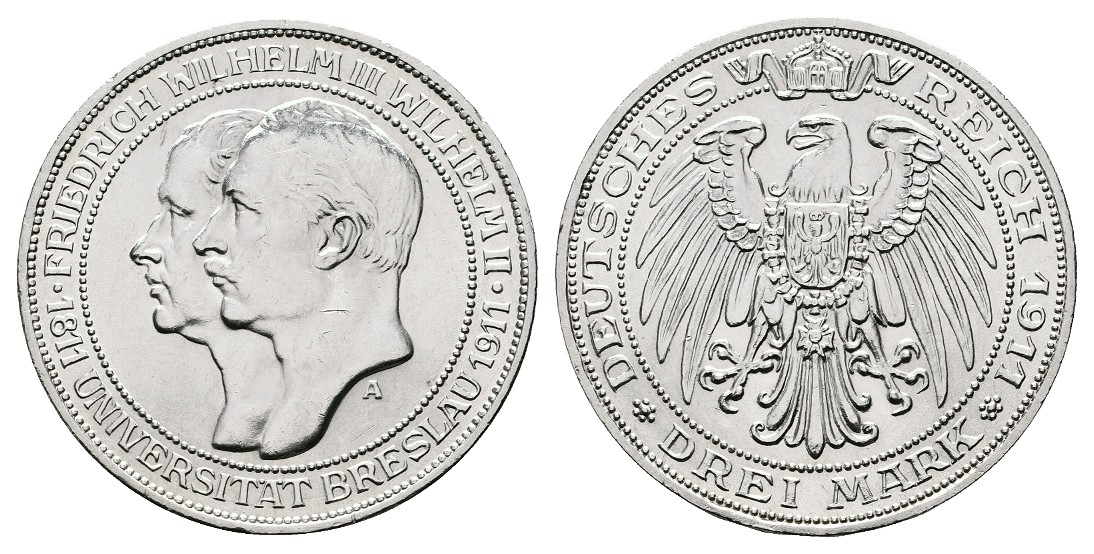  Linnartz KAISERREICH Preussen Wilhelm II. 3 Mark 1911 Uni Breslau f.stgl   