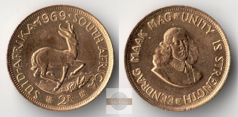 Süd Afrika  2 Rand  1969 MM-Frankfurt Feingold: 7,32g Springbock  