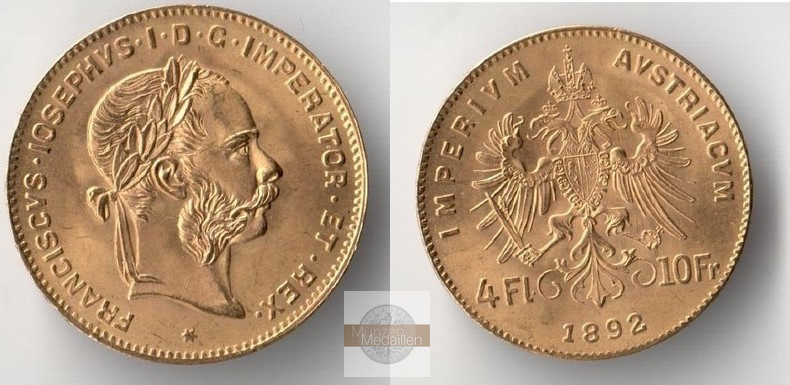 Österreich MM-Frankfurt   Feingold: 2,9g 4 Florin - 10 Francs 1892 