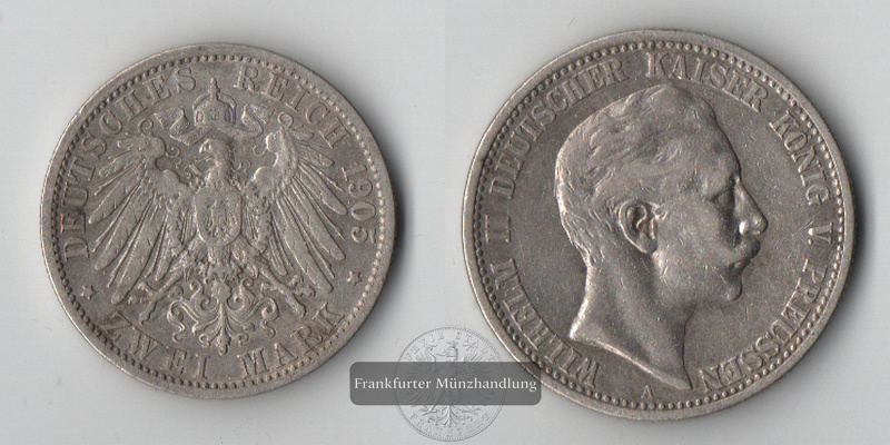  Preussen, Kaiserreich  2 Mark   1905 A  Wilhelm II. 1888-1918   FM-Frankfurt   Feinsilber: 10g   