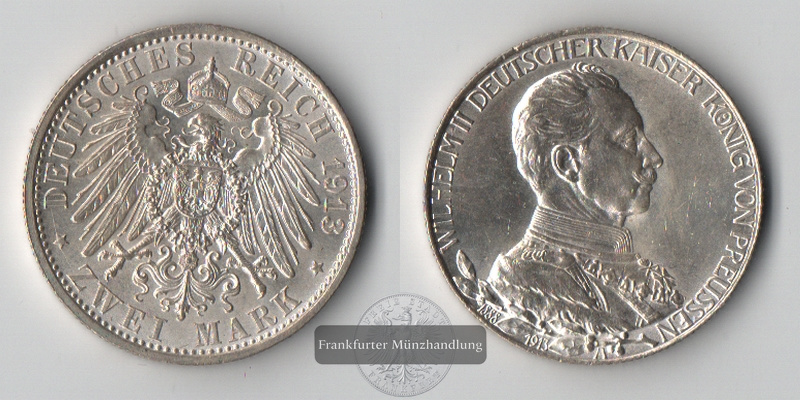  Preussen, Kaiserreich  2 Mark  1913 A  Wilhelm II. 1888-1918   FM-Frankfurt Feinsilber: 10g   