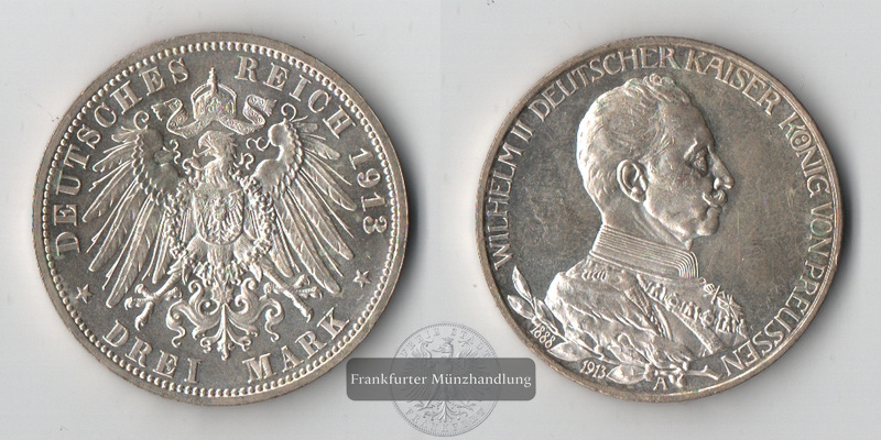  Preussen, Kaiserreich  3 Mark  1913 A  Wilhelm II. 1888-1918   FM-Frankfurt Feinsilber: 15g   
