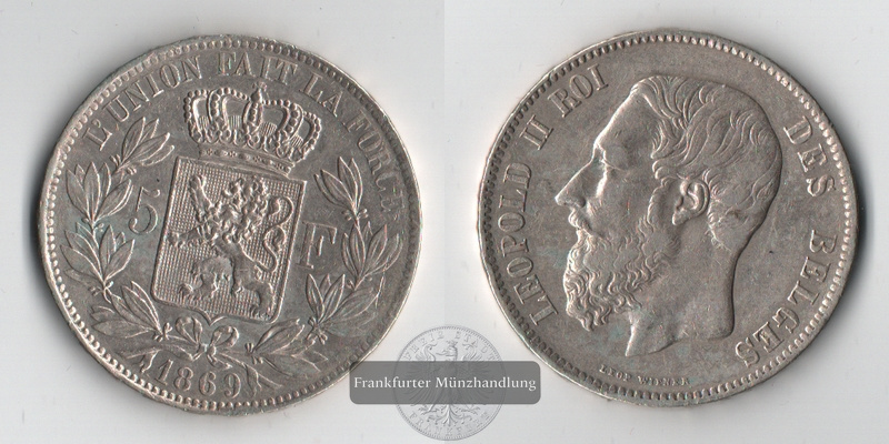  Belgien  5 Francs   1869  FM-Frankfurt Feinsilber: 22,5g   