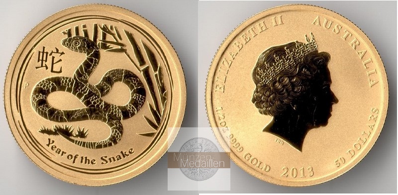 Australien 50 Dollar MM-Frankfurt Feingewicht: 15,55 g Gold Jahr der Schlange Lunar II 2013 