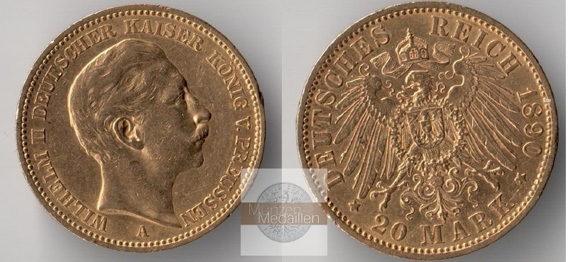 Preussen, Königreich MM-Frankfurt Feingewicht: 7,17g Gold 20 Mark 1890 A 