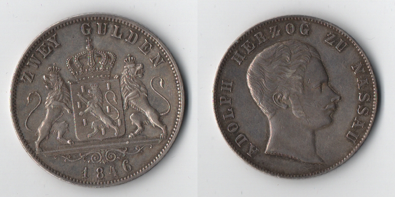  Nassau, 2 Gulden  1846 Adolph  FM-Frankfurt   Feinsilber: 19,09g   