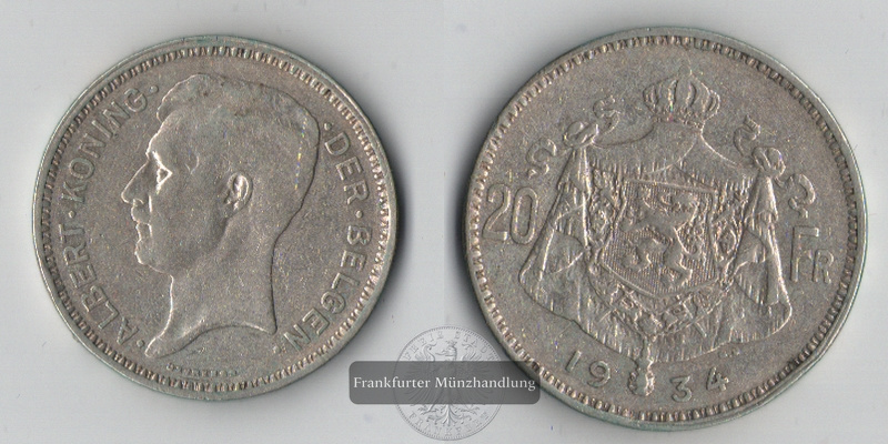  Belgien  20 Francs   1934    Albert I   FM-Frankfurt  Feinsilber: 7,48g   