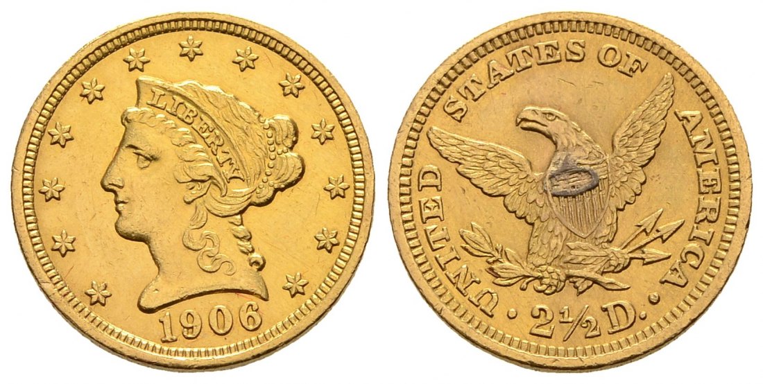PEUS 3028 USA 3,76 g Feingold. Coronet Head 2 1/2 Dollars GOLD 1906 Broschierspur, Sehr schön