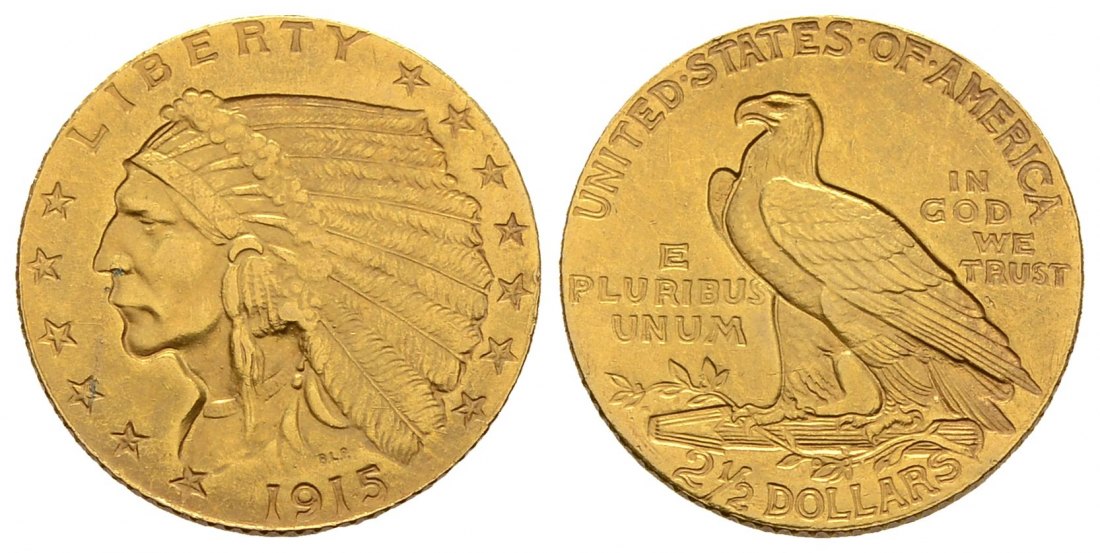 PEUS 3029 USA 3,76 g Feingold. Indian Head 2 1/2 Dollars GOLD 1915 Sehr schön