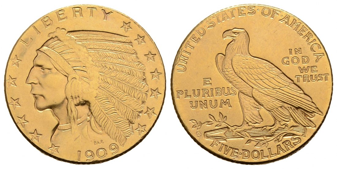 PEUS 3030 USA 7,52 g Feingold. Indian Head 5 Dollars GOLD 1909 Sehr schön