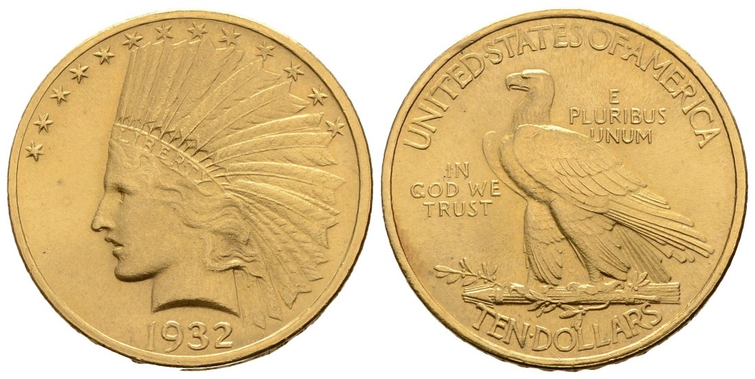 PEUS 3031 USA 15,05 Feingold. Indian Head 10 Dollars GOLD 1932 Kl. Randfehler, fast Vorzüglich